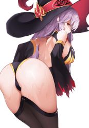 Rule 34 | 1girl, absurdres, ass, back, backless leotard, bare shoulders, black hat, black leotard, brown thighhighs, cameltoe, commission, detached sleeves, from behind, frown, hat, highres, indie virtual youtuber, leotard, long hair, long sleeves, looking at viewer, looking back, mizuz, nevin (flyskying), parted lips, pixiv commission, red eyes, simple background, solo, standing, strapless, strapless leotard, thighhighs, v-shaped eyebrows, virtual youtuber, wet, white background, white hair, witch hat