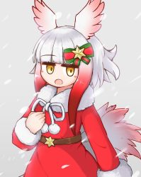 Rule 34 | 1girl, aticotta, blush, christmas, dress, hair ornament, head wings, highres, japanese crested ibis (kemono friends), kemono friends, kemono friends 3, long sleeves, multicolored hair, open mouth, red dress, ribbon, santa costume, short hair, smile, snow, snowing, solo, white hair, wings, yellow eyes