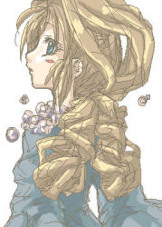 Rule 34 | 1girl, blonde hair, blue dress, blue eyes, blush stickers, crystal, dress, from behind, gem, lady pearl, legend of mana, looking at viewer, looking back, lowres, parted lips, pearl (gemstone), seiken densetsu, sitting, solo, white background