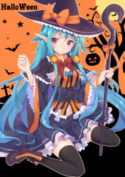 Rule 34 | 1girl, abusoru, black thighhighs, blue hair, boots, breasts, cleavage, full body, halloween, hat, holding, long hair, looking at viewer, original, pointy ears, purple eyes, sitting, solo, staff, thighhighs, witch hat, zettai ryouiki