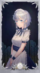 Rule 34 | 1girl, absurdres, apron, atkdog, blue eyes, blue ribbon, blue skirt, bow, braid, clock, closed mouth, collared shirt, commentary, feet out of frame, framed, frilled apron, frills, gears, grey hair, hair bow, highres, izayoi sakuya, knife, looking at viewer, maid headdress, medium hair, neck ribbon, own hands together, puffy short sleeves, puffy sleeves, ribbon, roman numeral, shirt, short sleeves, sideways glance, skirt, solo, touhou, twin braids, white apron, white shirt, wrist cuffs