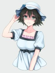 Rule 34 | 1girl, black bow, black hair, black ribbon, blue bow, blue dress, blue hat, bow, breasts, chimachi, cola, cropped torso, dress, green eyes, hand in own hair, hat, hat bow, looking at viewer, medium breasts, parted lips, rei no himo, ribbon, shiina mayuri, short hair, short sleeves, simple background, smile, solo, steins;gate, sun hat, sundress, upper body, white background