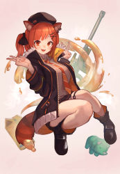 Rule 34 | 1girl, absurdres, animal ear fluff, animal ears, hair ornament, hairclip, highres, jacket, long sleeves, looking at viewer, necktie, nijisanji, open mouth, orange necktie, ratna petit, red eyes, red panda ears, red panda tail, simple background, smile, solo, sooon, stuffed dinosaur, two side up, v, virtual youtuber, x hair ornament