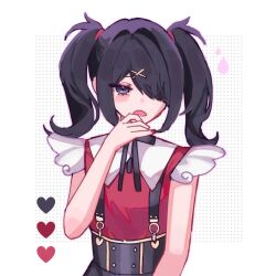 Rule 34 | 1girl, ame-chan (needy girl overdose), black eyes, black hair, black ribbon, blush, collared shirt, commentary, frown, hair ornament, hair over one eye, hand to own mouth, hand up, heart, long hair, looking at viewer, nail polish, neck ribbon, needy girl overdose, open mouth, red nails, red shirt, ribbon, risachang, shirt, skirt, solo, suspender skirt, suspenders, symbol-only commentary, tearing up, tears, twintails, upper body, water drop, x hair ornament