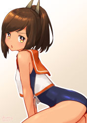 Rule 34 | 1girl, brown eyes, brown hair, commentary request, gradient background, highres, i-401 (kancolle), izumikuma, kantai collection, looking at viewer, one-hour drawing challenge, ponytail, school swimsuit, shirt, short hair, short ponytail, side-tie shirt, sleeveless, sleeveless shirt, solo, swimsuit, swimsuit under clothes, tan