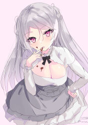 Rule 34 | 1girl, absurdres, breasts, brown eyes, chocolate, chocolate on body, cleavage, cleavage cutout, clothing cutout, conte di cavour (kancolle), corset, cowboy shot, dress, eating, food on body, frilled dress, frills, gradient background, grey dress, grey hair, highres, hizaka, kantai collection, large breasts, layered dress, long hair, long sleeves, pink background, purple eyes, solo, twitter username, two-tone dress, two side up, white dress