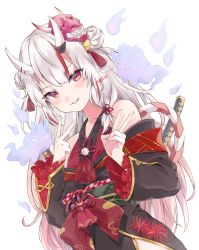 Rule 34 | 1girl, bell, black kimono, blush, bow, breasts, closed mouth, commentary, cowboy shot, double bun, double v, dutch angle, flower, frilled sleeves, frills, gold trim, gradient hair, grin, hair bell, hair between eyes, hair bun, hair ornament, harui (hr x9 ), highres, hitodama, hololive, horn ornament, horn ribbon, horns, japanese clothes, katana, kimono, kouhaku nawa, long hair, looking at viewer, mask, mask on head, multicolored hair, nakiri ayame, nakiri ayame (1st costume), obi, off shoulder, oni mask, poyoyo (nakiri ayame), red bow, red eyes, red hair, ribbon, rope, sash, shimenawa, signature, silver hair, simple background, skin-covered horns, small breasts, smile, solo, spider lily, streaked hair, sword, tassel, two-tone hair, two side up, v, virtual youtuber, weapon, weapon on back, white background