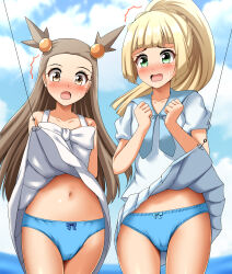 Rule 34 | 2girls, absurdres, arms behind back, blonde hair, blue panties, blue ribbon, blue sailor collar, blue sky, blurry, blurry background, blush, bow, bow panties, brown eyes, brown hair, clenched hands, clothes lift, cloud, cloudy sky, commentary request, commission, creatures (company), crotch seam, day, dress, fishing hook, fishing line, frown, game freak, green eyes, hair ornament, highres, horizon, jasmine (pokemon), lifting another&#039;s clothes, lillie (pokemon), long hair, looking at viewer, miniskirt, multiple girls, navel, neck ribbon, nintendo, open mouth, outdoors, panties, pantyshot, pleated skirt, pokemon, pokemon gsc, pokemon sm, ponytail, ribbon, sailor collar, shirt, short dress, skeb commission, skirt, skirt lift, sky, sleeveless, sleeveless dress, standing, sundress, sweatdrop, trembling, two side up, underwear, white dress, white shirt, white skirt, zanntetu