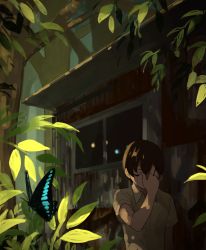 Rule 34 | 1boy, bug, building, butterfly, glowing, glowing eyes, highres, bug, nature, original, outdoors, tensen (dotted line), tree