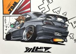 Rule 34 | 1girl, black car, black sleeves, brown hair, car, cigarette, detached sleeves, fire, green eyes, hair behind ear, highres, motor vehicle, nissan, nissan s15 silvia, nissan silvia, original, short hair, signature, smile, smoke, smoking, solo, sound effects, speech bubble, sports car, stance (vehicle), takapon 0505, traditional media, translated, vehicle focus