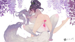 Rule 34 | 2girls, animal ears, animal hands, anus, artist name, ass, barefoot, bite mark, black bow, blood, blurry, blurry foreground, blush, bow, breasts, brown hair, censored, clitoral hood, clitoris, closed eyes, dated, female focus, flower, from behind, furry, furry female, green ribbon, grey hair, hair bow, hair ornament, hair ribbon, hakurou (onmyoji), hand up, heart, heart censor, high ponytail, highres, holding hands, injury, interspecies, kiss, knee up, lin mzhh, long hair, lying, medium breasts, multiple girls, nipples, nose blush, nude, on back, onmyoji, pawpads, purple flower, pussy, pussy juice, ribbon, shiny skin, signature, simple background, spread legs, spread pussy, tail, tears, transparent censoring, white background, wisteria, ying grass, yuri