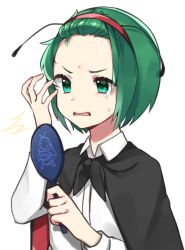 1girl ^^^ antennae bangs_pinned_back black_cape cape commentary forehead gloom_(expression) green_eyes green_hair hairband hand_up highres long_sleeves mirror open_mouth pimple red_hairband shirt short_hair simple_background solo surprised sweatdrop touhou tsumikitsuki_(katsuobushi) upper_body white_background white_shirt wing_collar wriggle_nightbug