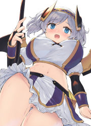 Rule 34 | 1girl, akari (princess connect!), blue eyes, blush, breasts, bridal gauntlets, from below, groin, hairband, large breasts, long hair, navel, no panties, open mouth, princess connect!, sakimori dan, silver hair, skirt, smile, solo, sweat, two side up, white background