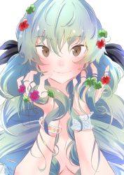 Rule 34 | 1girl, absurdres, alternate hairstyle, anchovy (girls und panzer), black ribbon, bracelet, breasts, brown eyes, cleavage, closed mouth, clover, clover hair ornament, drill hair, girls und panzer, green hair, hair censor, hair down, hair ornament, hair ribbon, hands in hair, highres, jewelry, long hair, looking at viewer, medium breasts, nude, oze (xyz go go11), ribbon, simple background, smile, solo, upper body, white background, wristband
