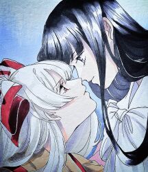 2girls black_hair bow bowtie closed_mouth commentary_request face-to-face fujiwara_no_mokou grey_eyes grey_shirt hair_bow highres houraisan_kaguya long_hair mokoiscat multiple_girls portrait red_bow red_eyes shikishi shirt suspenders touhou traditional_media white_bow white_bowtie white_hair