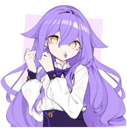 Rule 34 | 1girl, absurdres, bow, bowtie, earrings, error1980, hair between eyes, hands up, highres, honkai (series), honkai impact 3rd, jewelry, long hair, long sleeves, looking at viewer, mouth hold, pink background, purple bow, purple bowtie, purple hair, shirt, sirin, solo, two-tone background, upper body, white background, white shirt, yellow eyes
