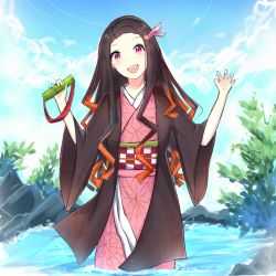 Rule 34 | 1girl, :d, bamboo, bit gag, black hair, blue sky, brown hair, checkered sash, claw pose, cloud, commentary, day, fang, gag, hair ribbon, hands up, head tilt, holding, japanese clothes, kamado nezuko, kimetsu no yaiba, kimono, long hair, long sleeves, looking at viewer, multicolored hair, obi, open clothes, open mouth, outdoors, pink kimono, pink ribbon, red eyes, ribbon, rocm (nkkf3785), sash, sky, smile, solo, standing, twitter username, two-tone hair, upper body, very long hair, wading, water, wide sleeves