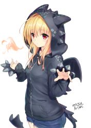 Rule 34 | 1girl, alternate costume, black hoodie, blonde hair, blush, breath weapon, breathing fire, commentary request, dated, dragon hood, dragon tail, dragon wings, expressionless, fire, highres, hood, hoodie, konjiki no yami, long hair, red eyes, short shorts, shorts, signature, simple background, solo, tail, to love-ru, traveler (artbbt), white background, wings