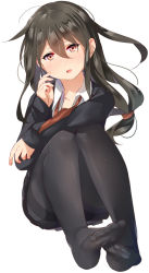Rule 34 | 10s, 1girl, bad id, bad pixiv id, black hair, black pantyhose, blazer, blouse, blush, collared shirt, feet, full body, hand on own cheek, hand on own face, hatsushimo (kancolle), headband, jacket, juurouta, kantai collection, long hair, low-tied long hair, necktie, no shoes, open mouth, pantyhose, red eyes, red necktie, school uniform, shirt, simple background, solo, toes, white background, white shirt