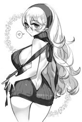 Rule 34 | 1girl, ass, backless dress, backless outfit, bare back, breasts, butt crack, corrin (female) (fire emblem), corrin (fire emblem), covered erect nipples, curvy, dress, fire emblem, fire emblem fates, from behind, greyscale, hairband, halterneck, heart, large breasts, looking at viewer, meme attire, monochrome, naked sweater, negiwo, nintendo, pointy ears, ribbed sweater, ribbon, sideboob, simple background, smile, spoken heart, sweater, sweater dress, thighs, turtleneck, turtleneck sweater, twitter username, virgin killer sweater, white background