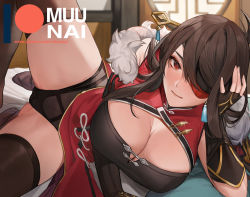 Rule 34 | 1girl, beidou (genshin impact), black leotard, black thighhighs, blush, breasts, brown hair, cleavage, colored eyepatch, earrings, eyepatch, female focus, fingerless gloves, fur, genshin impact, gloves, hair ornament, hair over one eye, hair stick, hairpin, hand on own head, jewelry, large breasts, leotard, long hair, looking at viewer, lying, muunai, on side, one eye covered, patreon username, red eyes, smile, solo, thighhighs, thighs
