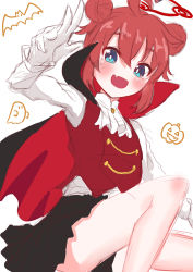 Rule 34 | 1girl, :d, absurdres, ahoge, arm up, black skirt, blue archive, blue eyes, blush, cape, double bun, fang, fang out, feet out of frame, gloves, hair bun, halloween costume, halo, highres, looking at viewer, maki (blue archive), open mouth, red hair, shirt, short hair, sidelocks, simple background, sketch, skin fang, skirt, smile, solo, take-run-atelier, vampire costume, w, white gloves, white shirt