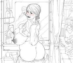 Rule 34 | 1boy, 1girl, 69 (artist), ass, bathroom, blush, bra, breasts, cellphone, clothes pull, grey hair, large breasts, looking back, mature female, mirror, pants, pants pull, phone, smartphone, underwear