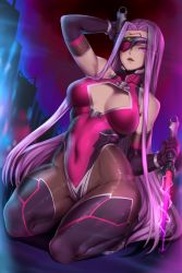 Rule 34 | 1girl, absurdres, alternate costume, arm behind head, bare shoulders, boots, bracelet, breasts, cleavage, cleavage cutout, clothing cutout, commentary request, covered navel, dagger, detached sleeves, dual wielding, elbow gloves, eyepatch, facial mark, facial tattoo, facing viewer, fate/grand order, fate (series), forehead mark, gloves, glowing, glowing eye, high collar, highres, holding, holding dagger, holding knife, holding weapon, jewelry, knife, kumiko shiba, large breasts, leotard, long hair, looking at viewer, medusa (fate), medusa (rider) (fate), one eye covered, pantyhose, parted lips, pink leotard, purple hair, seiza, sitting, skin tight, solo, tattoo, thigh boots, thighhighs, very long hair, weapon