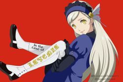 Rule 34 | 1girl, absurdres, black footwear, hairband, highres, lavenza (persona 5), layered clothes, long hair, looking at viewer, megat0nraid, parody, persona, persona 5, persona 5 the animation, puffy short sleeves, puffy sleeves, red background, short sleeves, simple background, smile, spats (footwear), spoilers, twitter username, yellow eyes