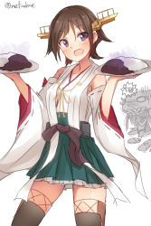 Rule 34 | 10s, 2girls, abyssal ship, bad food, blue eyes, brown hair, covering face, curry, curry rice, damaged, detached sleeves, food, gloves, hairband, hiei (kancolle), highres, i-class destroyer, japanese clothes, kantai collection, looking at viewer, metindone, monster, multiple girls, no legwear, nontraditional miko, rice, short hair, tentacles, thighhighs, turret, twitter username, wide sleeves, wo-class aircraft carrier, zettai ryouiki