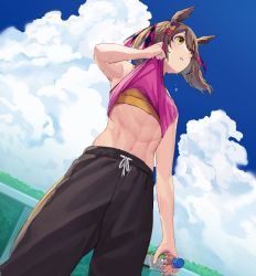 Rule 34 | 1girl, abs, alternate costume, animal ears, arm at side, black pants, bottle, bow, brown hair, clothes lift, cloud, day, feet out of frame, from below, hair bow, hand up, highres, holding, holding bottle, horse ears, kogomiza, looking afar, medium hair, navel, outdoors, pants, parted lips, pink shirt, shirt, shirt lift, sleeveless, sleeveless shirt, smart falcon (just in time!? uma&lt;3dol) (umamusume), smart falcon (umamusume), solo, sports bra, standing, sweat, sweatpants, toned, twintails, umamusume, water bottle, yellow eyes