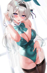 Rule 34 | 1girl, :o, alternate costume, animal ears, bare arms, bare shoulders, black hairband, black thighhighs, blush, bow, bowtie, breasts, covered navel, fake animal ears, fantongjun, firefly (honkai: star rail), green bow, green bowtie, green leotard, grey hair, hair ornament, hairband, highleg, highleg leotard, highres, honkai: star rail, honkai (series), large breasts, leotard, long hair, looking at viewer, open mouth, playboy bunny, purple eyes, rabbit ears, solo, thighhighs, thighs, wrist cuffs