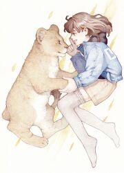Rule 34 | 1girl, blue jacket, brown hair, chakanyuantu, colored pencil (medium), grey thighhighs, highres, index finger raised, jacket, lion, long sleeves, medium hair, original, parted lips, shorts, smile, solo, thighhighs, traditional media, wide shot