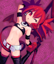 Rule 34 | 1girl, ;o, armband, bare shoulders, belt, belt buckle, between legs, black choker, black gloves, breasts, buckle, character name, choker, copyright name, demon girl, demon tail, demon wings, disgaea, earrings, elder spear, etna (disgaea), gloves, hair between eyes, heart, holding, holding polearm, holding spear, holding weapon, jewelry, leg up, makai senki disgaea, navel, one eye closed, polearm, prinny, red eyes, red hair, red thighhighs, red wings, short twintails, skull earrings, small breasts, solo, spear, stomach, tail, tail between legs, thighhighs, twintails, twitter username, weapon, white belt, wings, yuuzuki rairaku