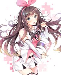 Rule 34 | 1girl, blue eyes, brown hair, cowboy shot, detached sleeves, floating hair, frilled thighhighs, frills, hairband, heart, index finger raised, kizuna ai, kizuna ai inc., long hair, long sleeves, looking at viewer, midriff, multicolored hair, neck ribbon, open mouth, pingo, pink hairband, puzzle piece, ribbon, shirt, short shorts, shorts, sleeveless, sleeveless shirt, solo, standing, stomach, streaked hair, striped ribbon, thighhighs, very long hair, virtual youtuber, white shorts, white sleeves, white thighhighs