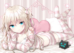 Rule 34 | 1girl, absurdres, ass, bare shoulders, blonde hair, blue eyes, breasts, camisole, cleavage, closed mouth, commentary request, full body, hair between eyes, heart, heart-shaped pillow, highres, jacket, legs up, long hair, long sleeves, lying, no shoes, off shoulder, on stomach, open clothes, open jacket, original, pennant, pillow, short shorts, shorts, signature, sleeves past wrists, small breasts, smile, soles, solo, star (symbol), string of flags, striped clothes, striped jacket, striped shorts, striped thighhighs, thighhighs, tia-chan, two side up, uchuuneko, very long hair, white camisole
