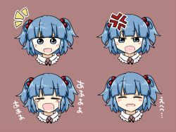 Rule 34 | angry, blue eyes, blue hair, blush, crying, hair bobbles, hair ornament, hat, unworn hat, unworn headwear, kawashiro nitori, multiple views, open mouth, rokunen, short hair, touhou, twintails, two side up