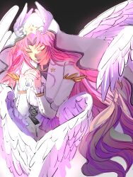Rule 34 | 1boy, chinese commentary, closed eyes, closed mouth, commentary request, feathered wings, frilled sleeves, frills, grey pants, hatsutori hajime, highres, jacket, long hair, long sleeves, low wings, male focus, multiple wings, open clothes, open jacket, own hands together, pants, parted bangs, pink hair, saibou shinkyoku, shirt, smile, solo, star pin, wavy hair, white jacket, white shirt, white veil, white wings, wings, zhouyebuxi