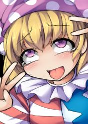 Rule 34 | 1girl, ahegao, american flag dress, bad id, bad twitter id, blonde hair, blush, clownpiece, colorized, double v, fun bo, hat, jester cap, long hair, open mouth, purple eyes, shirt, sketch, solo, sweatdrop, tears, tongue, tongue out, touhou, upper body, v