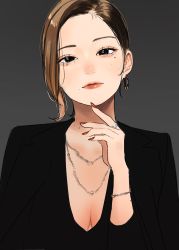 Rule 34 | 1girl, asymmetrical bangs, bangle, black jacket, black shirt, bracelet, breasts, brown hair, cleavage, earrings, forehead, hand on own chin, highres, hoop earrings, jacket, jacket on shoulders, jewelry, looking at viewer, mole, mole under eye, nail polish, necklace, original, parted lips, saitou (lynx-shrike), shirt, simple background, solo, upper body
