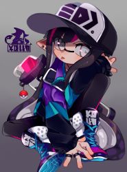 Rule 34 | 1girl, artist name, averting eyes, baseball cap, black leggings, blunt bangs, blurry, blush, closed mouth, clothes writing, creatures (company), cross-laced footwear, depth of field, earrings, female focus, full body, game freak, gradient background, grey background, grey eyes, hand up, hat, ink tank (splatoon), inkling, inkling girl, inkling player character, jacket, jewelry, charm (object), knee up, leggings, light blush, logo, looking to the side, maco spl, mole, mole under eye, multicolored clothes, multicolored footwear, multicolored hair, multicolored jacket, multiple earrings, multiple rings, nintendo, open clothes, open jacket, pink hair, pointy ears, poke ball, poke ball (basic), pokemon, purple hair, ring, shoes, sidelocks, simple background, sitting, sleeves past wrists, sneakers, solo, splatoon (series), spread legs, streaked hair, stud earrings, suction cups, tentacle hair, tentacles, tongue, tongue out, twintails, twitter username, two-tone hair, watermark, zipper