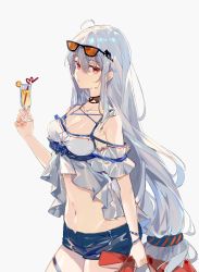Rule 34 | 1girl, absurdres, ahoge, arknights, bare shoulders, black choker, blue shorts, breasts, choker, cleavage, clothes writing, collarbone, cowboy shot, crazy straw, cup, drink, drinking glass, drinking straw, eyewear on head, grey hair, heart straw, highres, holding, holding cup, karasu btk, large breasts, long hair, low-tied long hair, navel, orange-tinted eyewear, orca hair ornament, parted lips, red eyes, shorts, simple background, skadi (arknights), skadi (waverider) (arknights), solo, stomach, sunglasses, thigh strap, tinted eyewear, very long hair, white background
