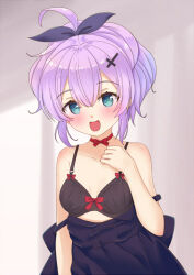 1girl azur_lane bare_shoulders black_bra black_dress black_ribbon blue_eyes blush bra clothes_pull cross_hair_ornament dress dress_pull hair_between_eyes hair_ornament hair_ribbon hand_on_own_chest javelin_(azur_lane) kasumi_neko looking_at_viewer medium_hair purple_hair ribbon solo underwear upper_body