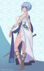 Rule 34 | 1girl, absurdres, armlet, back, bare shoulders, blue hair, blunt bangs, bracelet, braid, breasts, brown eyes, character name, commentary request, crown braid, dancer, dancer (fire emblem: three houses), dress, fire emblem, fire emblem: three houses, flying sweatdrops, gladiator sandals, hasunohappa, highres, jewelry, large breasts, lips, looking at viewer, marianne von edmund, nintendo, official alternate costume, parted lips, pelvic curtain, sandals, shawl, short hair, sidelocks, sleeveless, sleeveless dress, solo, sweatdrop, sword, thighs, weapon, white dress