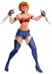 Rule 34 | 1girl, absurdres, armpits, baka guruo, bandeau, bare shoulders, belt, blonde hair, blue eyes, blue footwear, blue thighhighs, boots, breasts, choker, cleavage, dagger, dual wielding, eliza (final fight), final fight, full body, headband, high heel boots, high heels, highres, holding, holding dagger, holding knife, holding weapon, knife, legs apart, midriff, narrow waist, navel, reverse grip, short hair, short shorts, shorts, solo, standing, strapless, street fighter, thigh boots, thighhighs, transparent background, tube top, weapon, white background