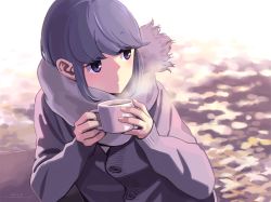 Rule 34 | 1girl, blue hair, cardigan, cup, dated, has bad revision, has downscaled revision, highres, holding, holding cup, horikou, mug, purple eyes, scarf, shima rin, solo, source smaller, steam, yurucamp