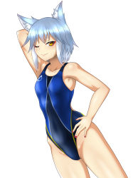 Rule 34 | 1girl, absurdres, animal ears, arm behind head, armpits, blue one-piece swimsuit, breasts, character request, commentary request, competition swimsuit, copyright request, dutch angle, fox ears, groin, hand on own hip, highres, looking at viewer, model pose, multicolored clothes, multicolored swimsuit, nail polish, one-piece swimsuit, one eye closed, pool, presenting armpit, seductive smile, silver hair, simple background, small breasts, smile, solo, standing, swimsuit, virtual youtuber, white background, yellow eyes, yurizuku owl