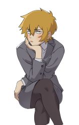 Rule 34 | 1girl, blush, ch0og0o, closed mouth, crossed legs, formal, genderswap, genderswap (mtf), highres, invisible chair, long sleeves, looking at viewer, mob psycho 100, orange hair, pantyhose, reigen arataka, shirt, simple background, sitting, solo, suit, white background