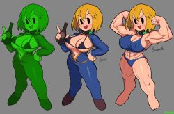 Rule 34 | abs, artist name, bikini, bikini top only, blonde hair, blue bodysuit, blue jumpsuit, bodysuit, breasts, fallout (series), grey background, highres, jumpsuit, large breasts, mob face, multiple persona, muscular, muscular female, navel, nuka cola, open clothes, original, short hair, soda bottle, solid oval eyes, sports bra, swimsuit, vault girl, vault suit, waa153