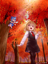 Rule 34 | 2girls, araki (qbthgry), autumn, autumn leaves, black dress, black legwear, blonde hair, blue bow, blue dress, blue eyes, blue hair, bow, cirno, collared shirt, crossed arms, dated, dress, fang, flying, forest, hair between eyes, hair bow, hair ribbon, hand up, ice, ice wings, long sleeves, multiple girls, nature, necktie, outdoors, red eyes, red neckwear, red ribbon, ribbon, rumia, shirt, short dress, short hair, smile, standing, thighhighs, touhou, tree, white shirt, wing collar, wings